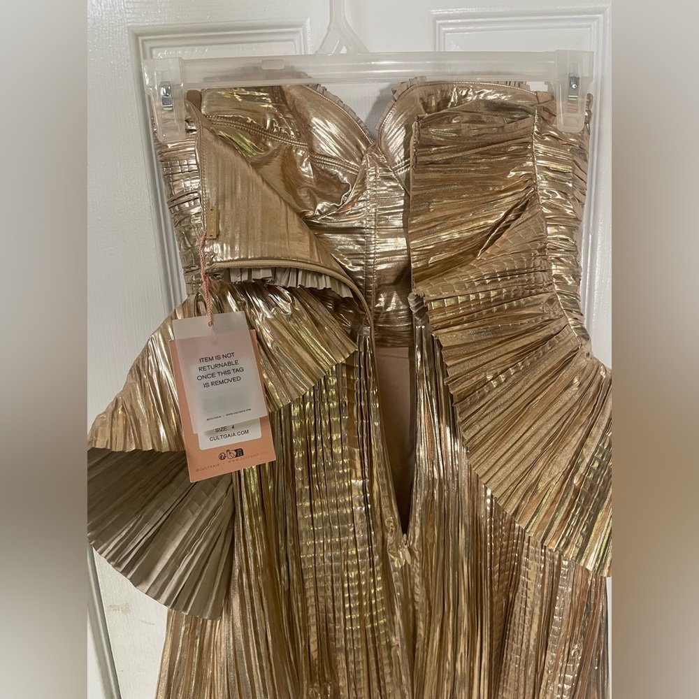 cult gaia Metallic Gold Strapless Pleated Mini Dress - Picture 14 of 14